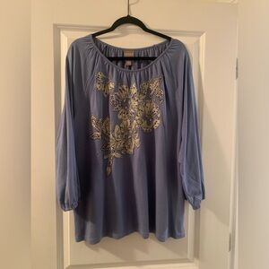 Blue Gold Floral Appliqué Long sleeve Top